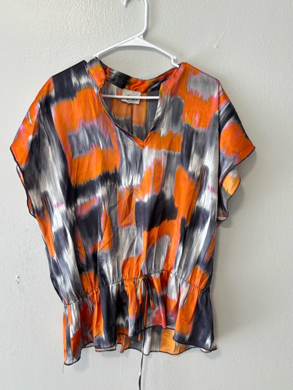 Caren Sport Orange, Black & Silver Abstract V-Neck Drawstring Blouse